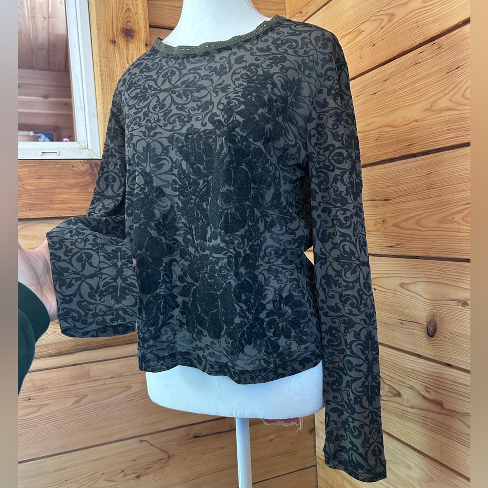 Vintage Burned Out Velvet Sheer Black Grey Long Sleeve Top Y2K Retro Womens Smal - Picture 4 of 8